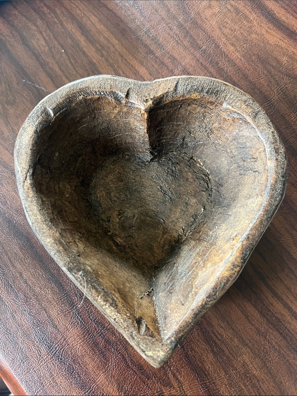 Rustic Hand Carved Heart-Shaped Wooden Bowl - Brown